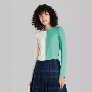 Wild Fable Green Spliced Top Ribbed Stretch Long Sleeve Womens Size M